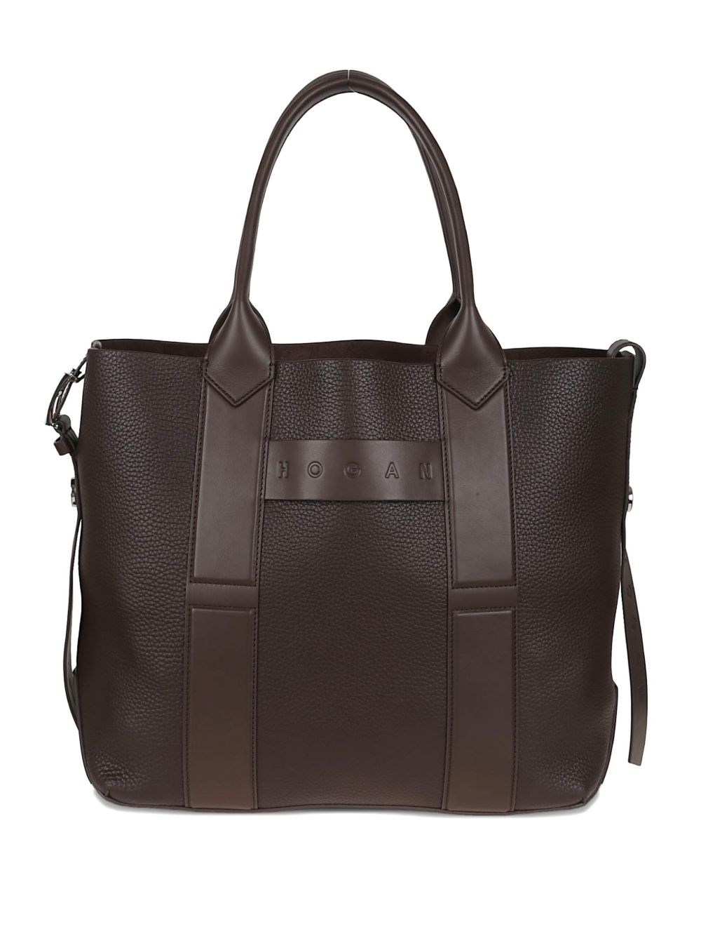 Hogan Script Shopping Bag With Grained Leather And Embossed Details In Brown