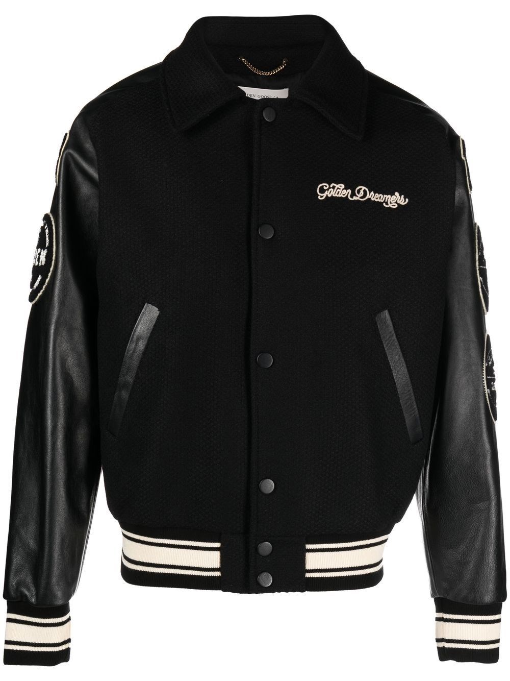 Golden Goose Black Bomber Jacket With Leather Inserts And Logo Patch In Wool Man In Black