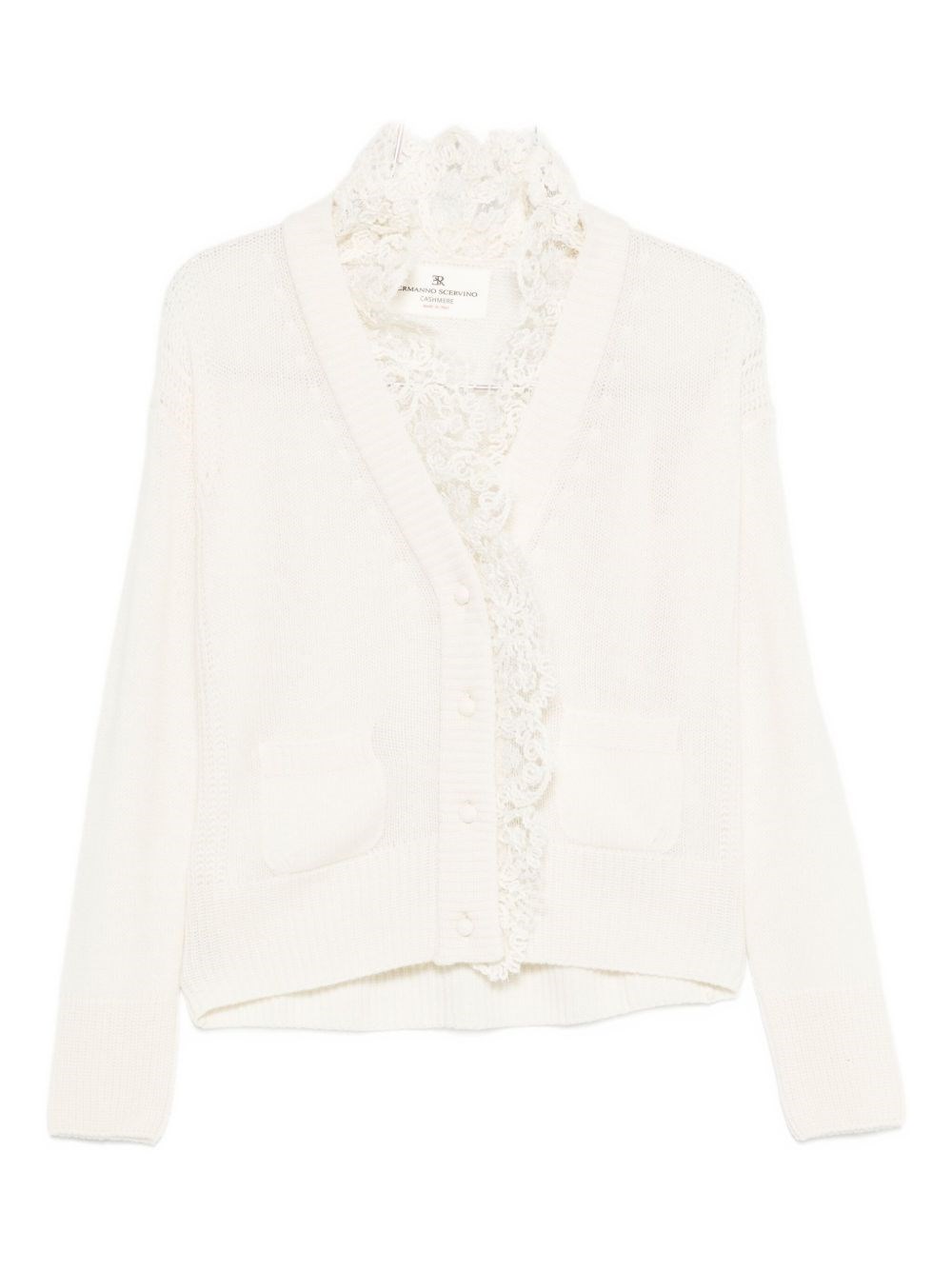 Ermanno Scervino Lace Trim Cashmere Cardigan Featuring Pockets In White