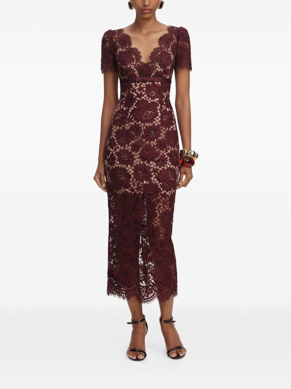 Self-portrait Womens Burgundy Floral Lace Bow-embellished Woven Midi Dress In Black