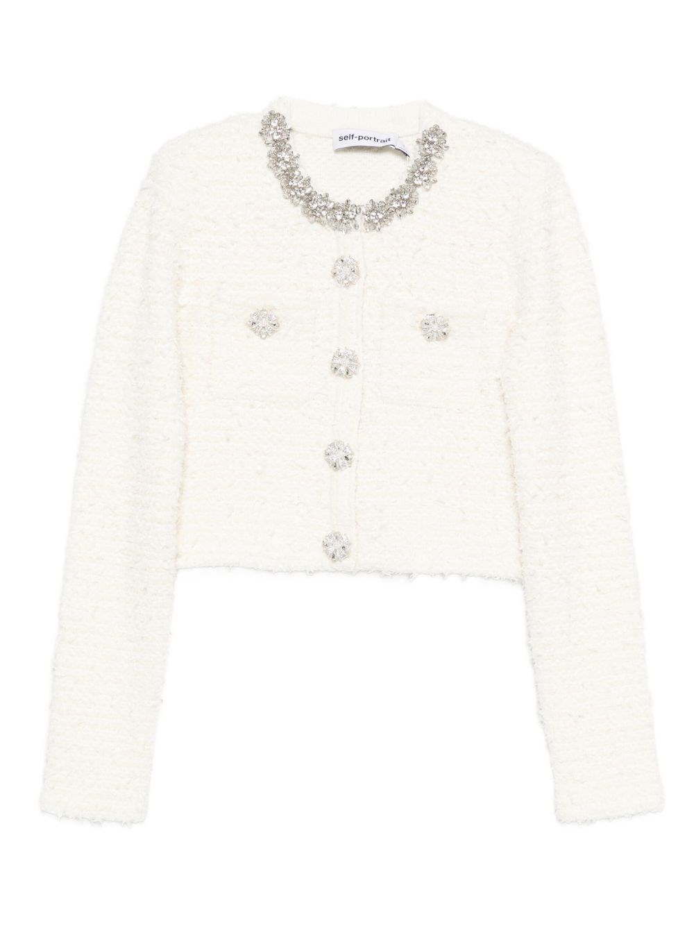 Self-portrait Cropped Sweater With Textured Boucle Knit And Crystal Embellishments In Multi