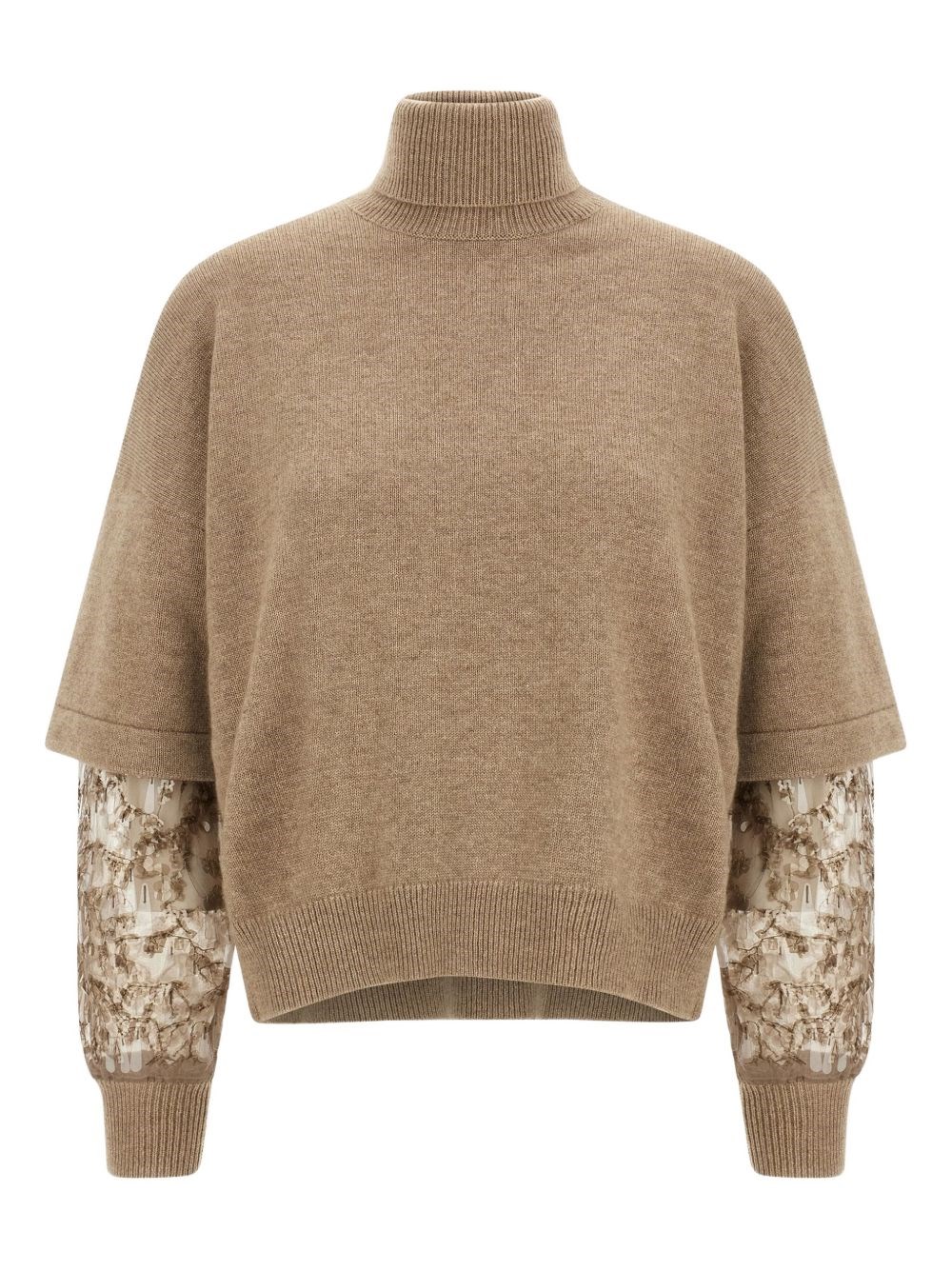 Brunello Cucinelli Turtleneck Sweater With Sequin Sleeve Embellishments In Brown