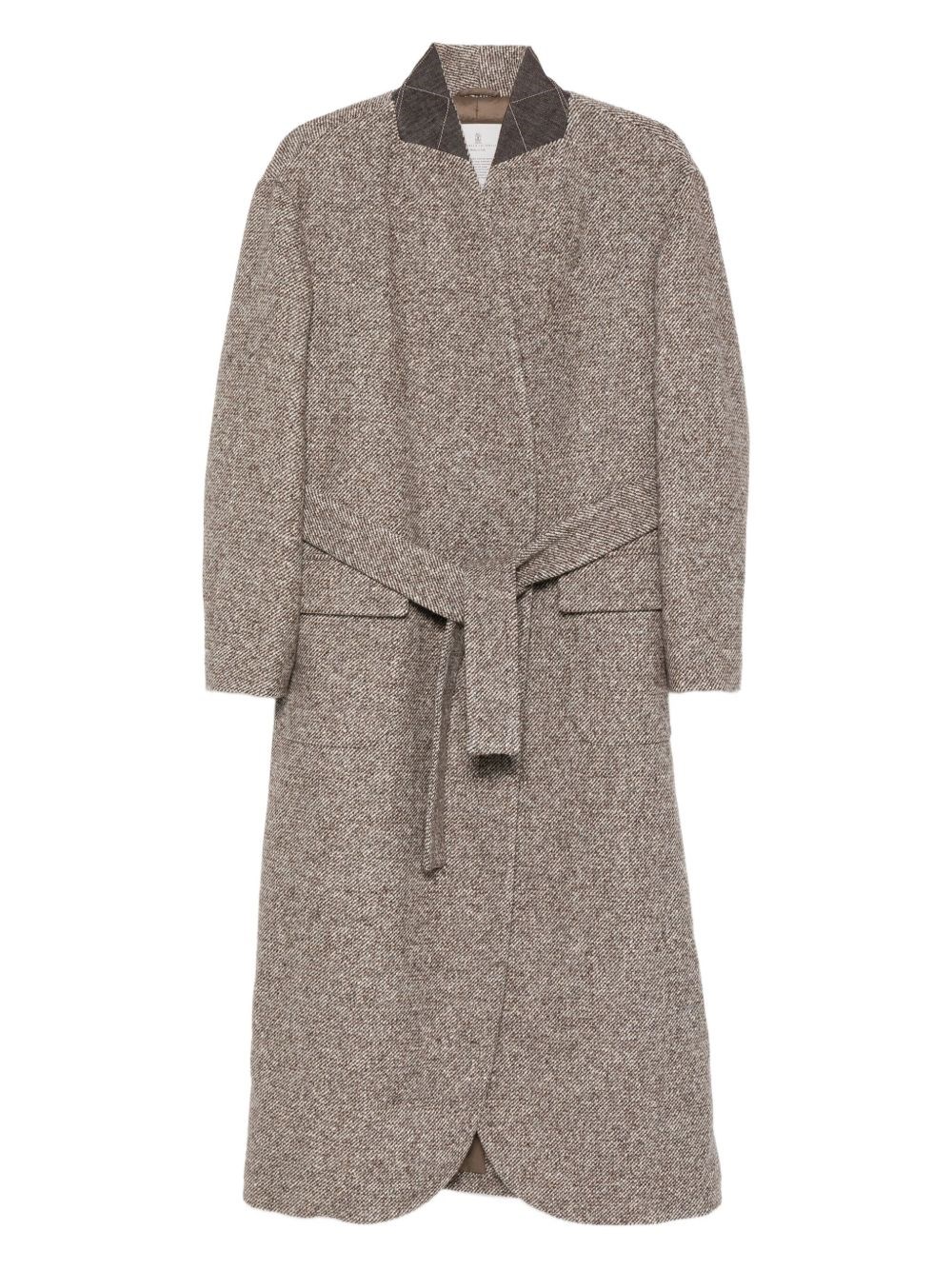 Brunello Cucinelli Belted Tweed Coat In Brown