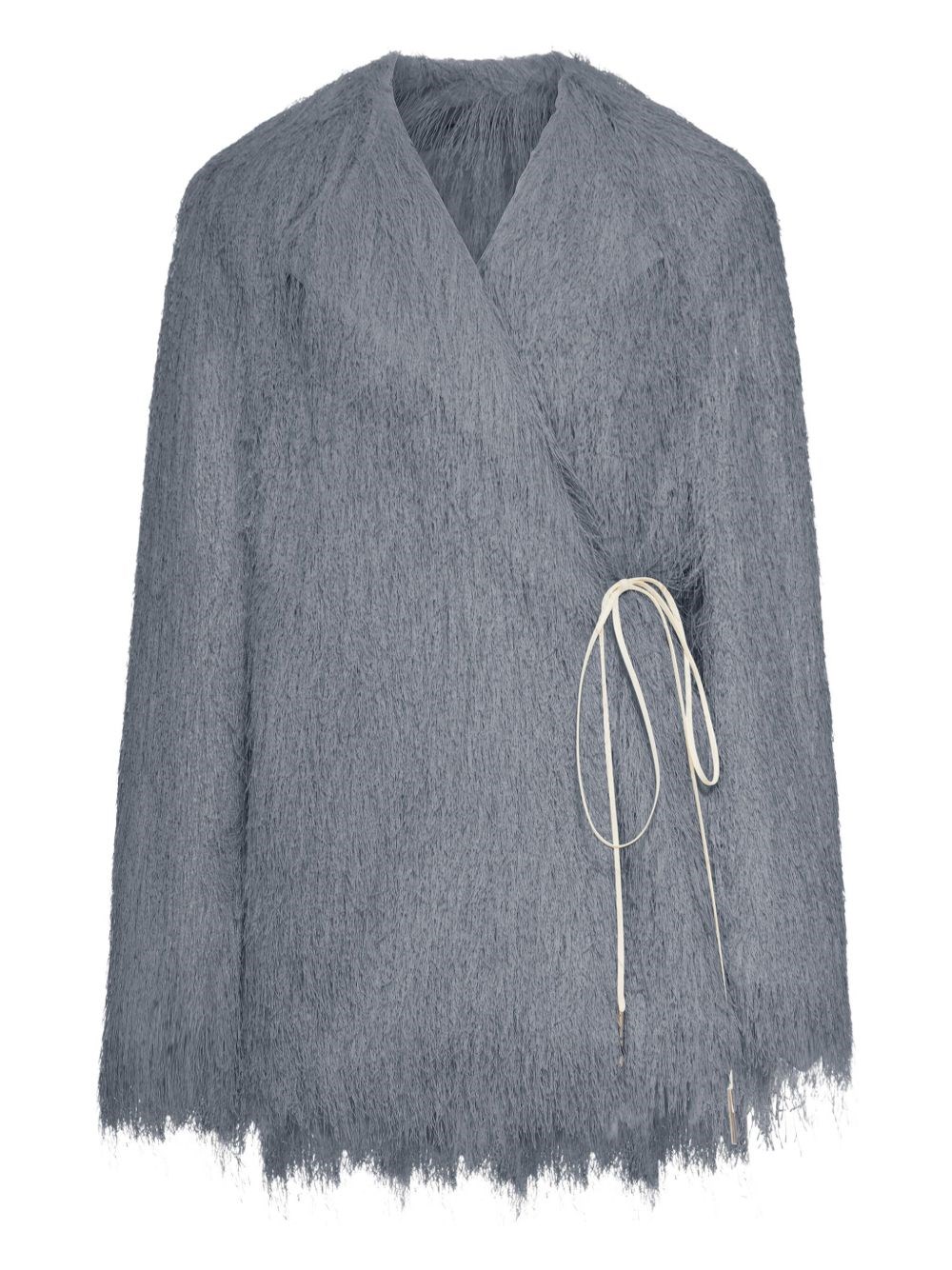 Dries Van Noten Short Coat With Fringed Hem And Tie In Gray