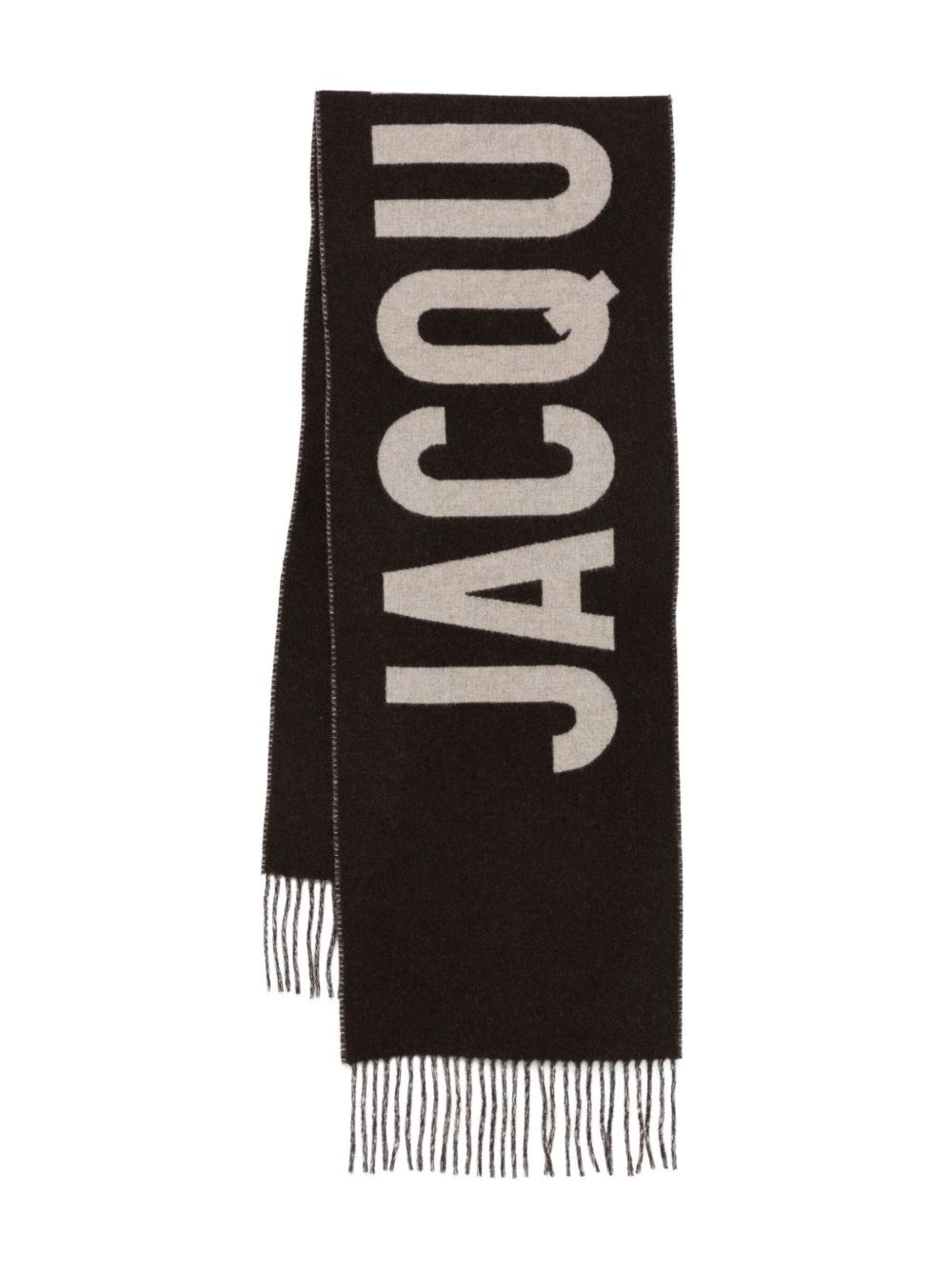 Jacquemus Rectangular Scarf With Fringed Edges And Bold Lettering In Brown