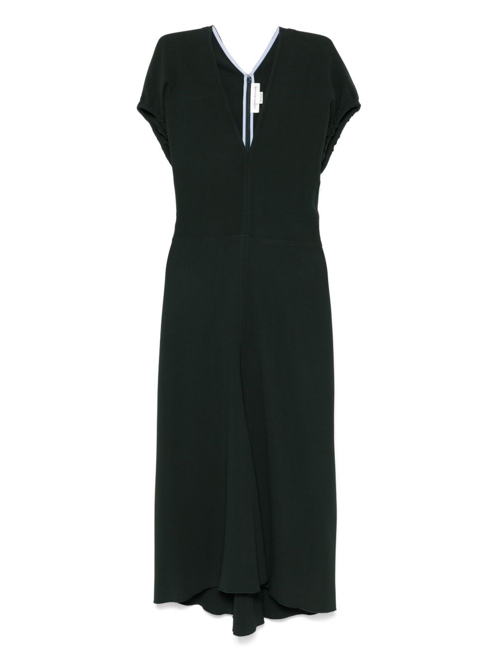 Victoria Beckham Green Midi Dress With Ruched Sleeves And V Neck In Black