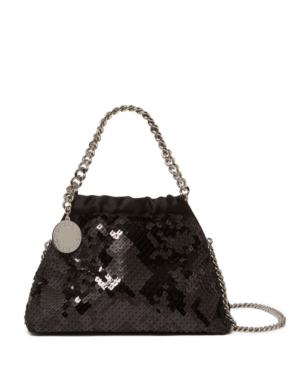 Stella Mccartney Falabella Mini Drawstring Bag Pixel Snake Sequins Embroidery In Black