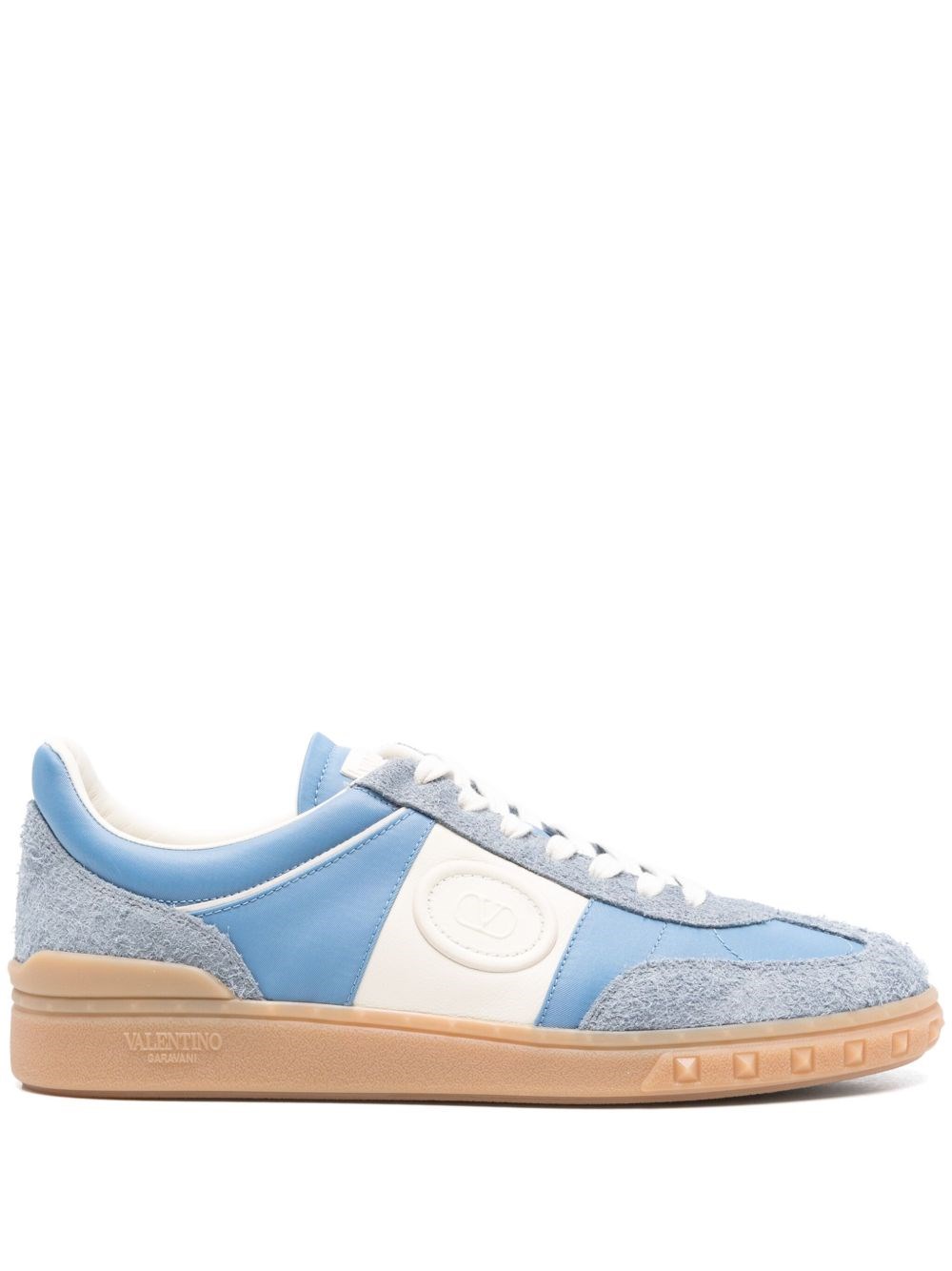 Valentino Garavani Upvillage Low Top Trainer In Crust Leather And Nylon In Blue