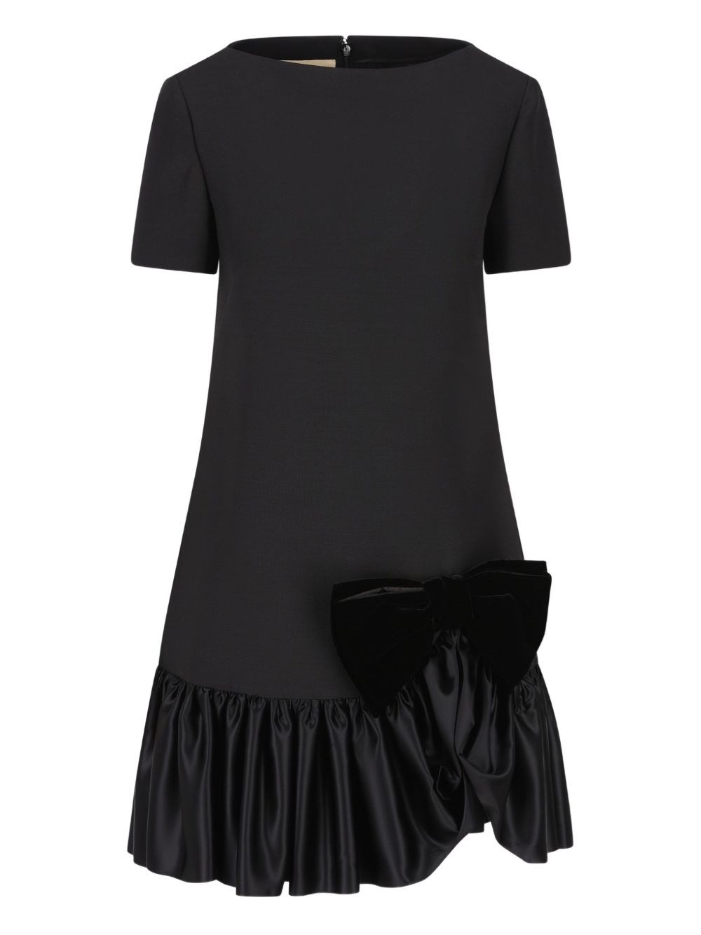 Valentino Velvet Bow Ruffle Short-sleeve Mini Dress In Black