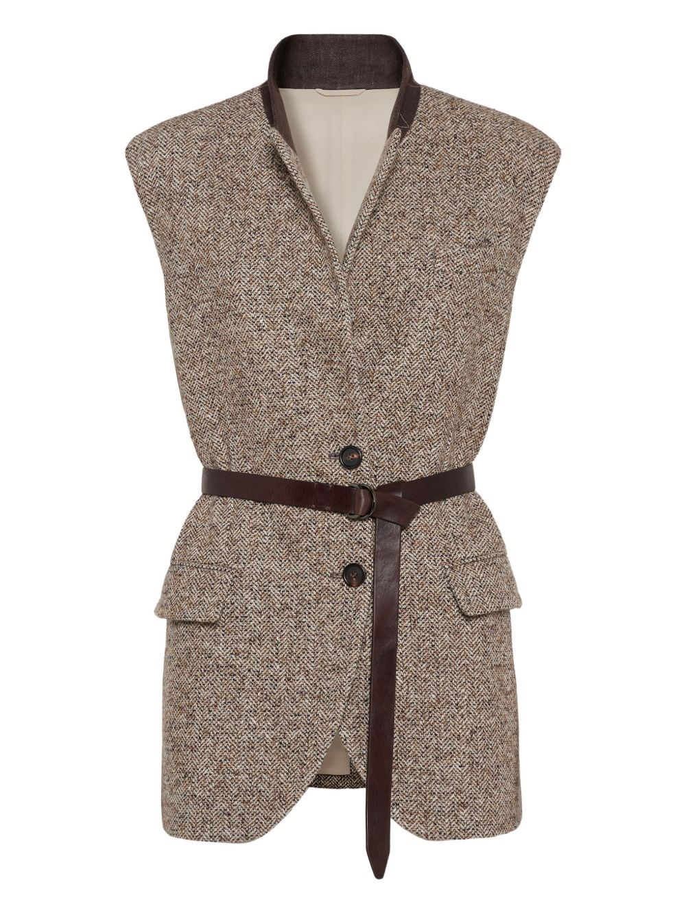Brunello Cucinelli Wool And Leathet Buttoned Vest In Sand