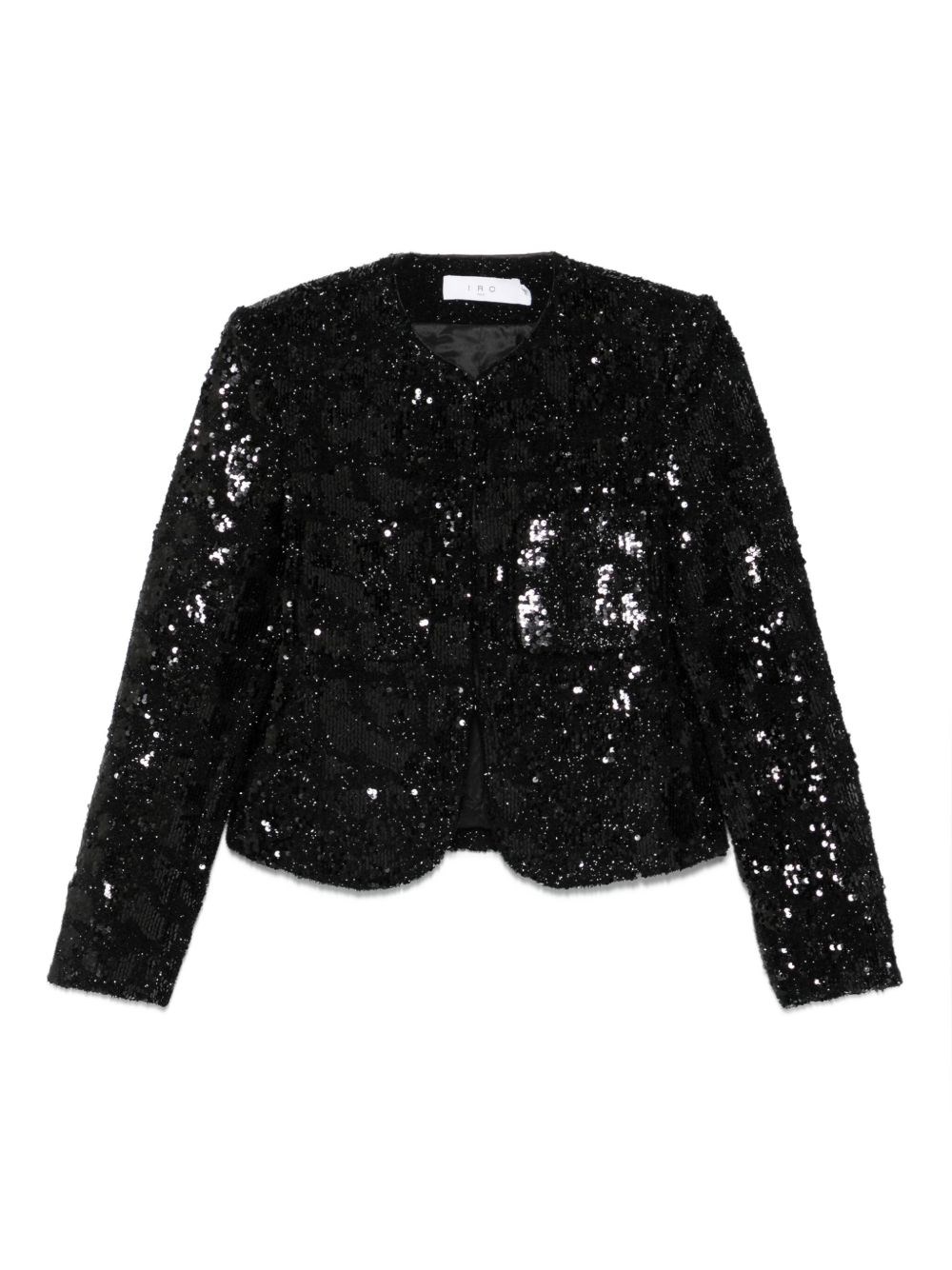 Iro Sequin Embellished Cropped Length Round Neck Jacket In Black