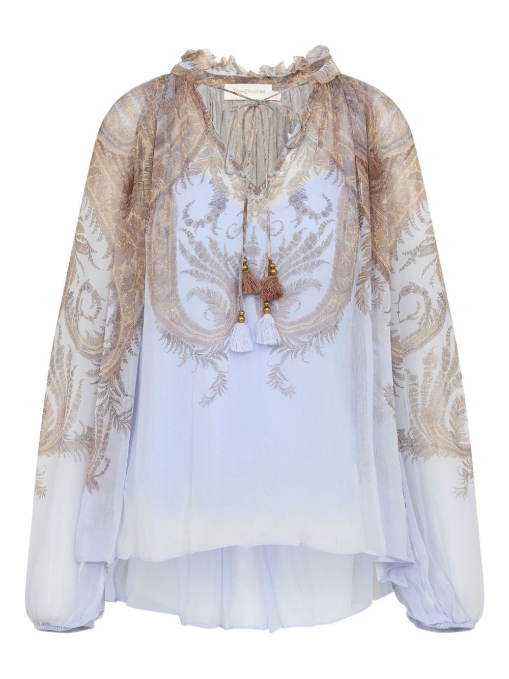 Zimmermann Flowy Gradient Blouse With Ruffled Neckline In Blue