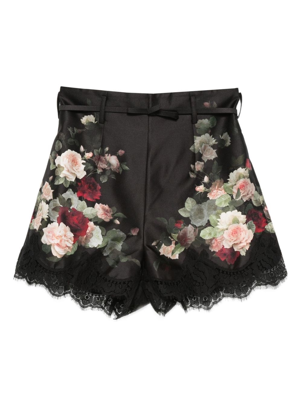 Zimmermann Belted Lace-trimmed Floral-print Silk And Cotton-blend Twill Shorts In Black