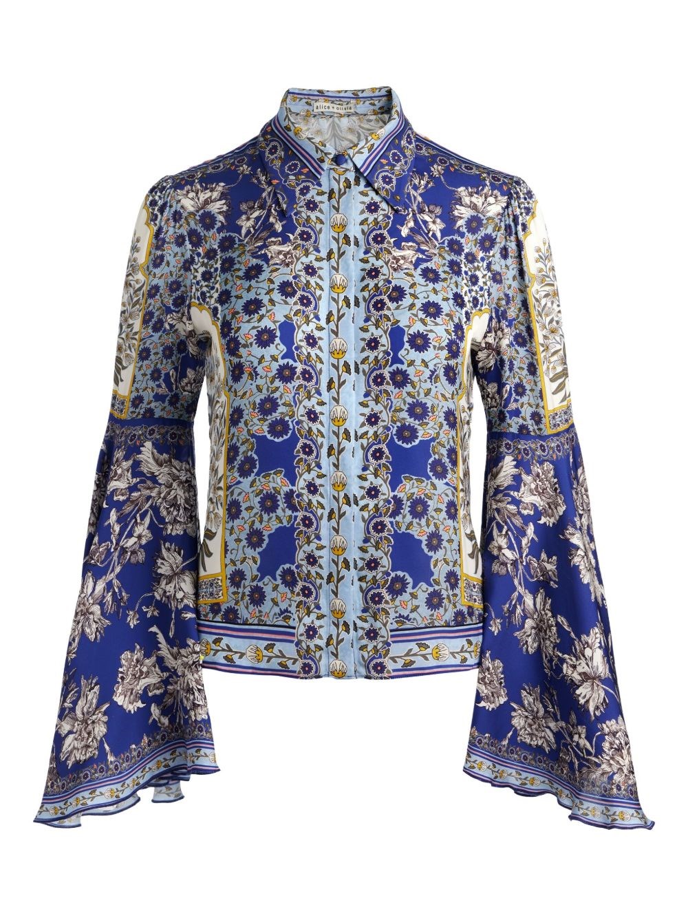 Alice And Olivia Willa Forevermore Fitted Bell-sleeve Placket Top In Purple