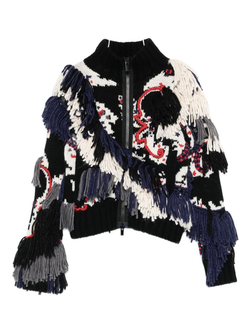 Sacai Fringe-trimmed Patterned Jacket In Black
