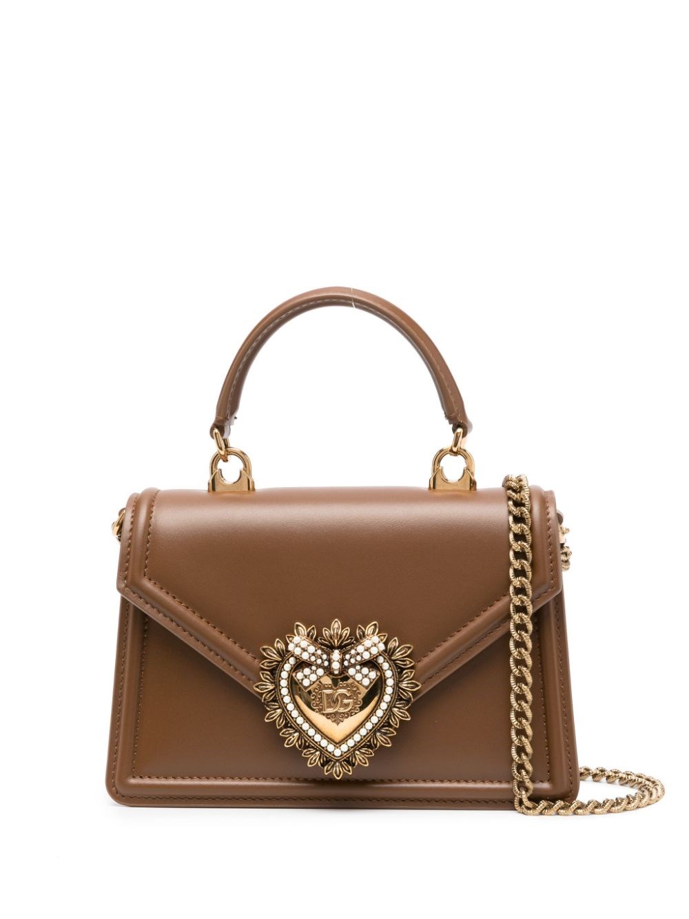 Dolce & Gabbana Heart Embellishment Small Leather Handbag In Brown