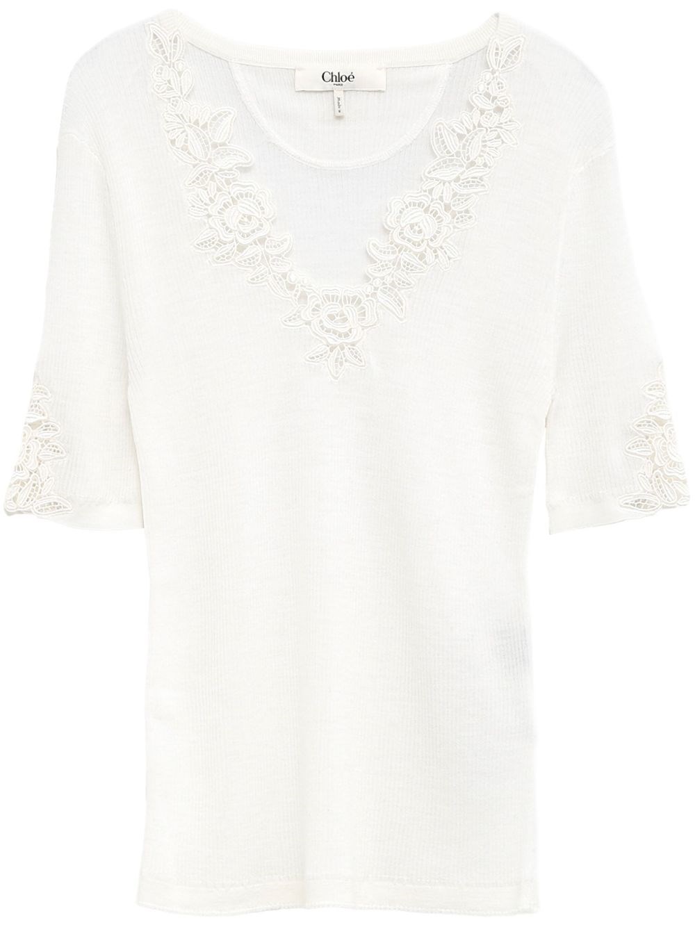 Chloé Floral Guipure Lace V-neck Fitted Top In White