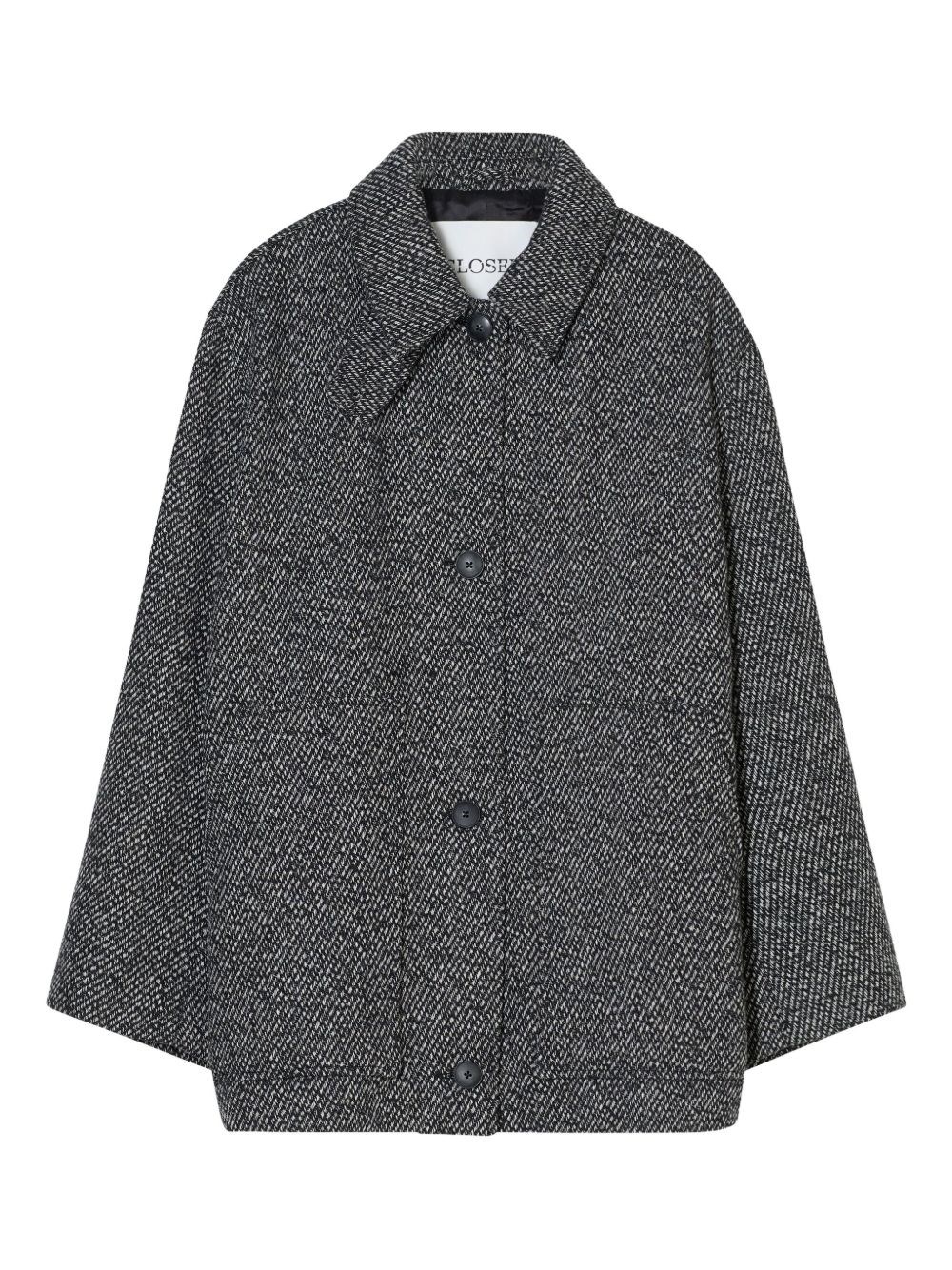 Closed Herringbone-pattern Button Coat In Gray
