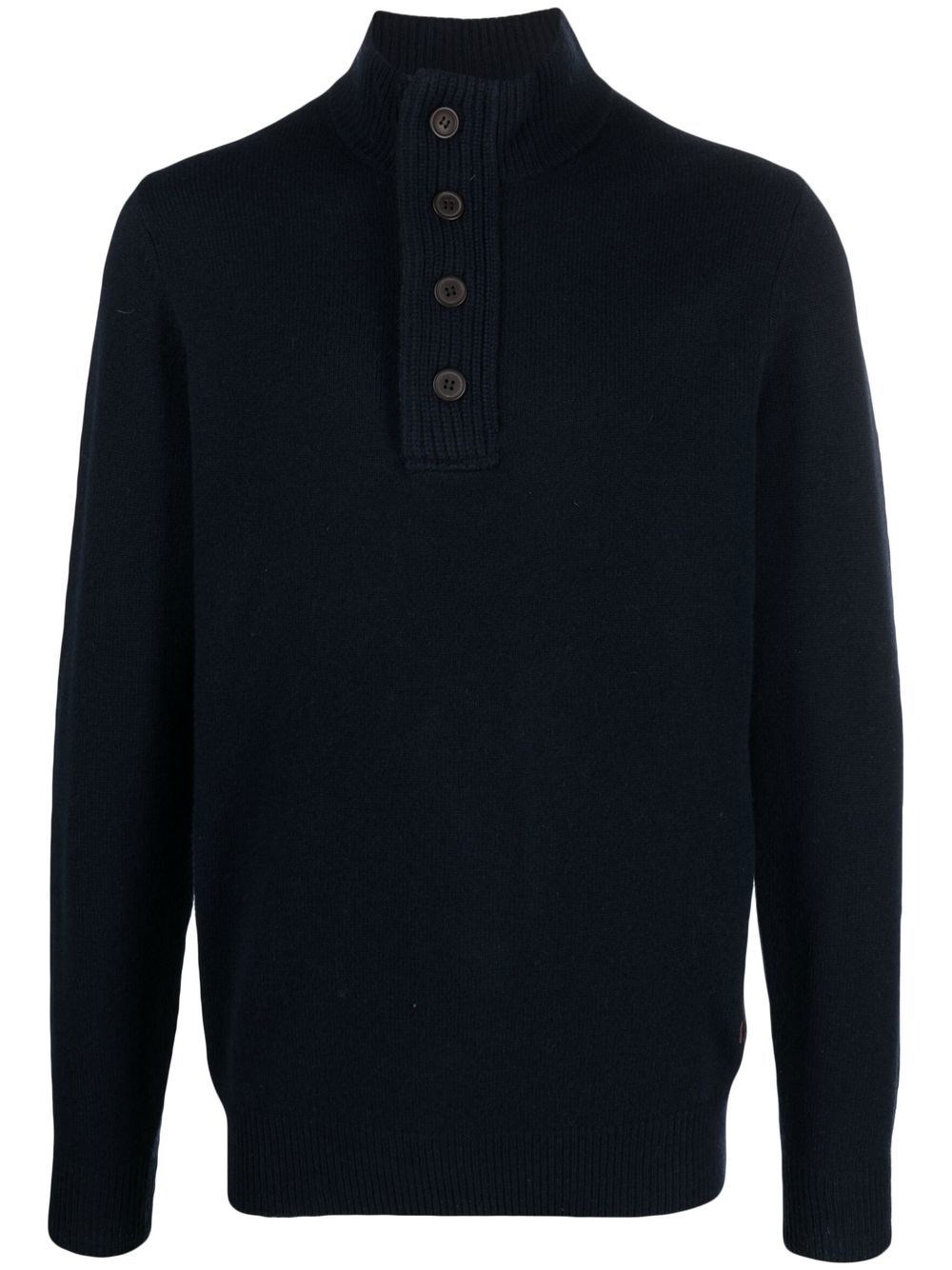 Barbour Navy Blue Wool Knit Sweater With Button Placket And Stand-up Collar In Blue