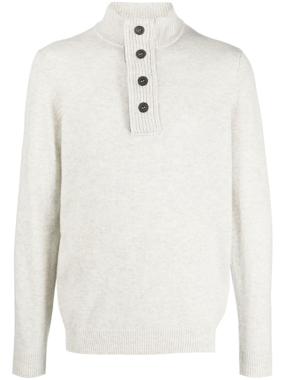 Barbour Pearl Grey Wool Ribbed Knit Sweater With Mock Neck And Button Placket In White