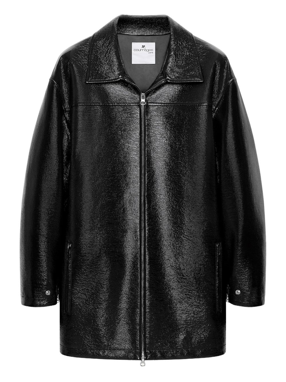 Courrèges Long Vinyl Bomber Jacket With Belted Waist In Black