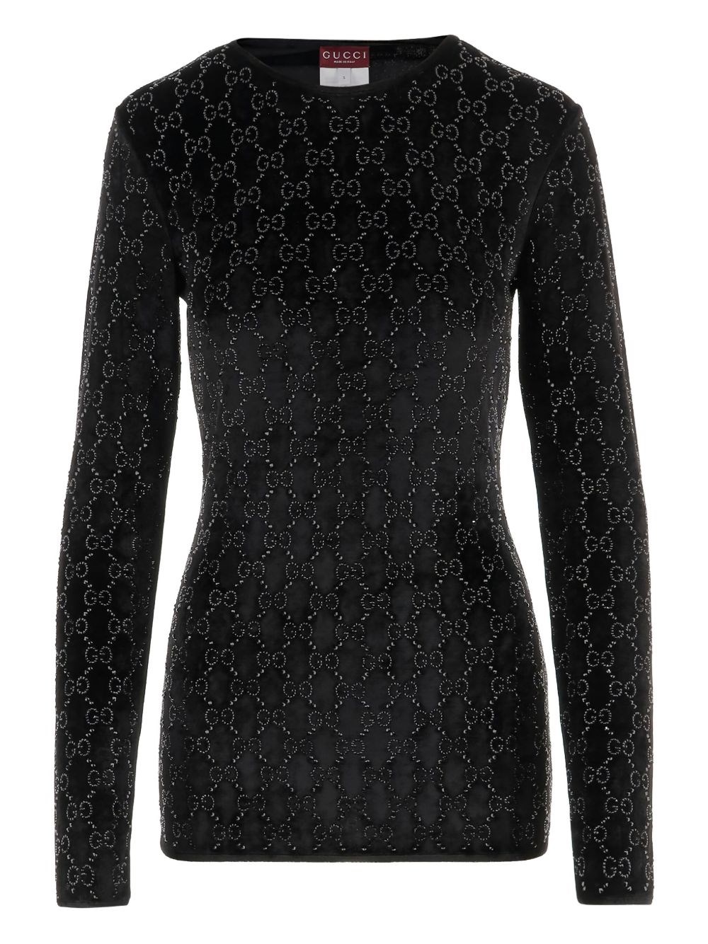 Gucci Crystal Embellished Velvet Long Sleeve Top In Black