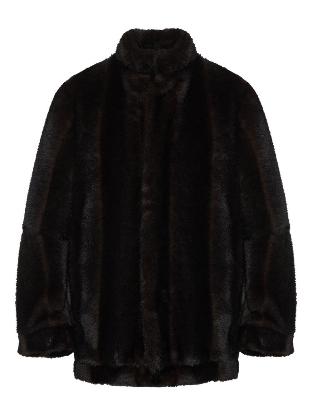 Mm6 Maison Margiela Plush Black Faux Fur Jacket With High Collar And Relaxed Fit In Brown