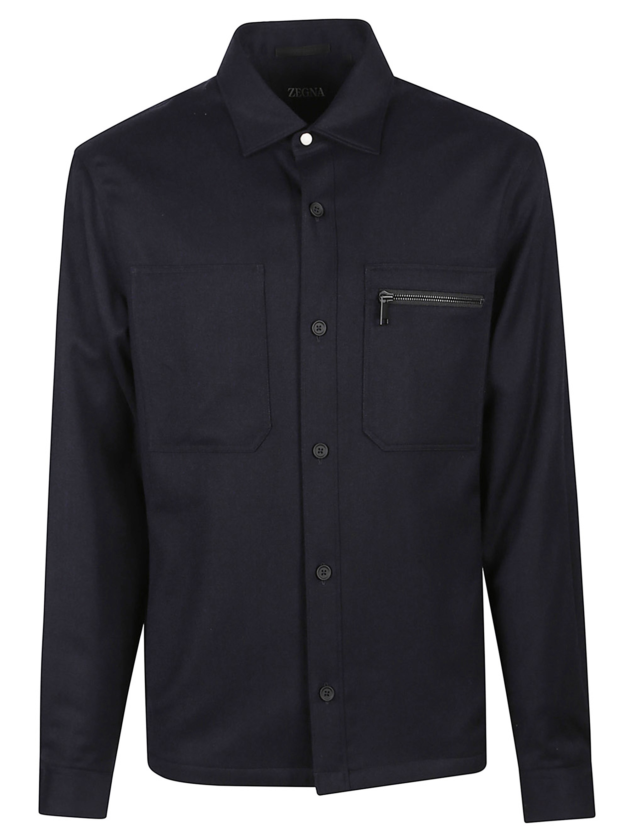 Zegna Tailored Black Wool Overshirt With Pointed Collar And Zip Pocket In Blue