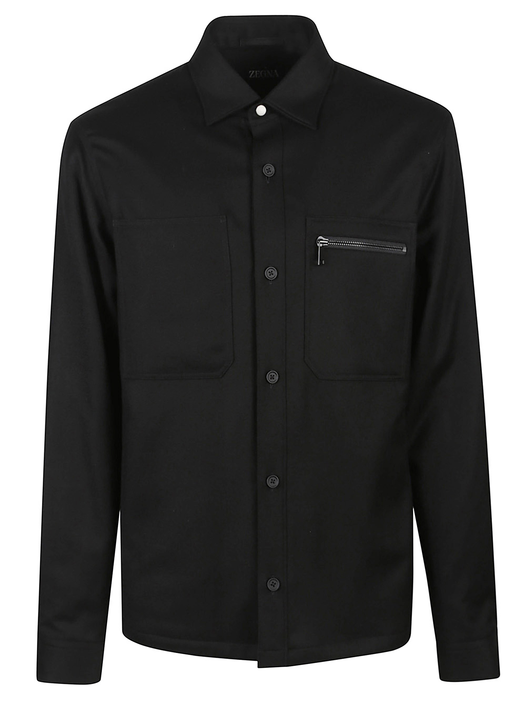 Zegna Tailored Black Wool Overshirt With Pointed Collar And Zip Pocket In Black