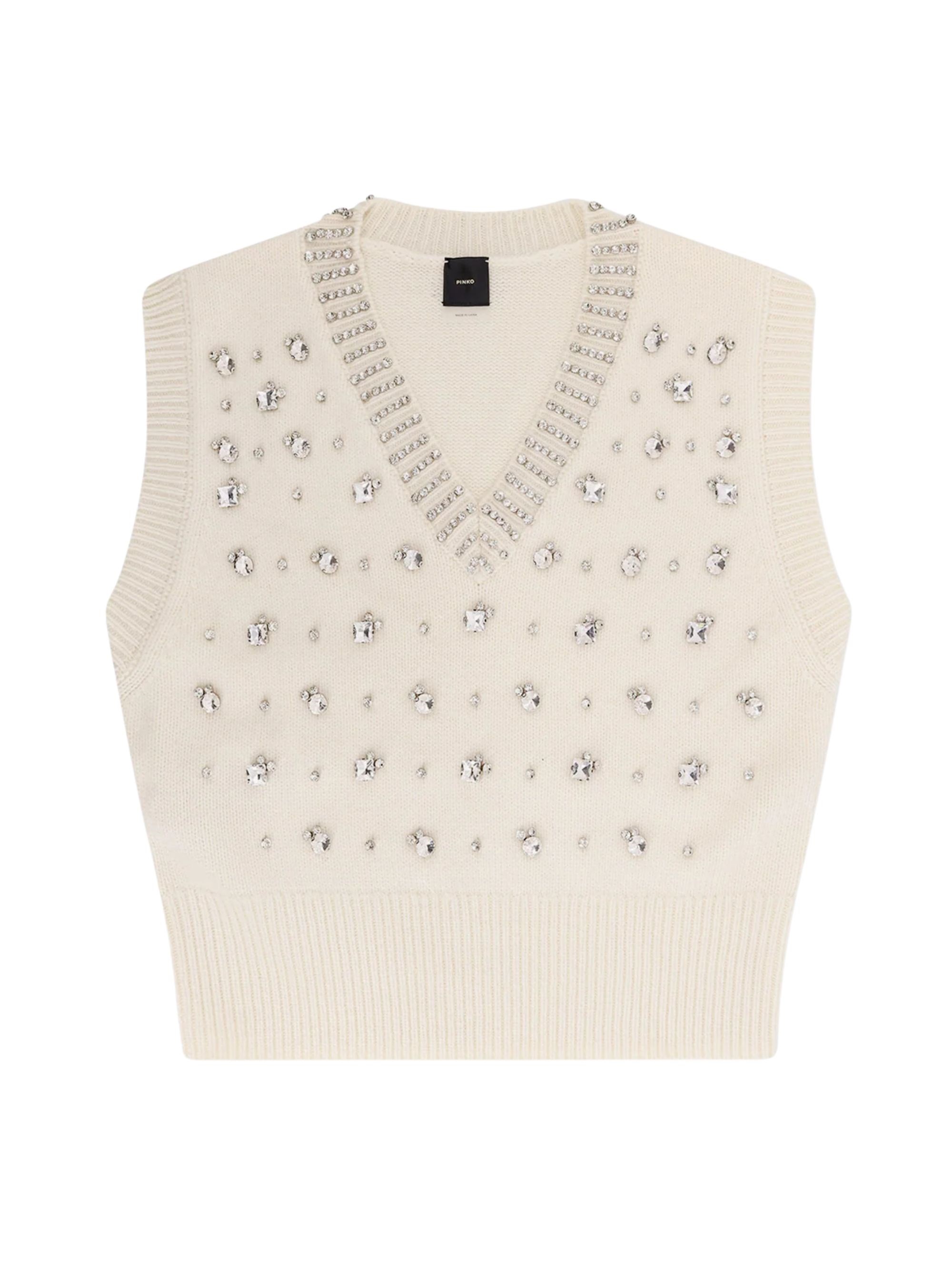 Pinko White Rhinestone Knitted Vest In Neutral