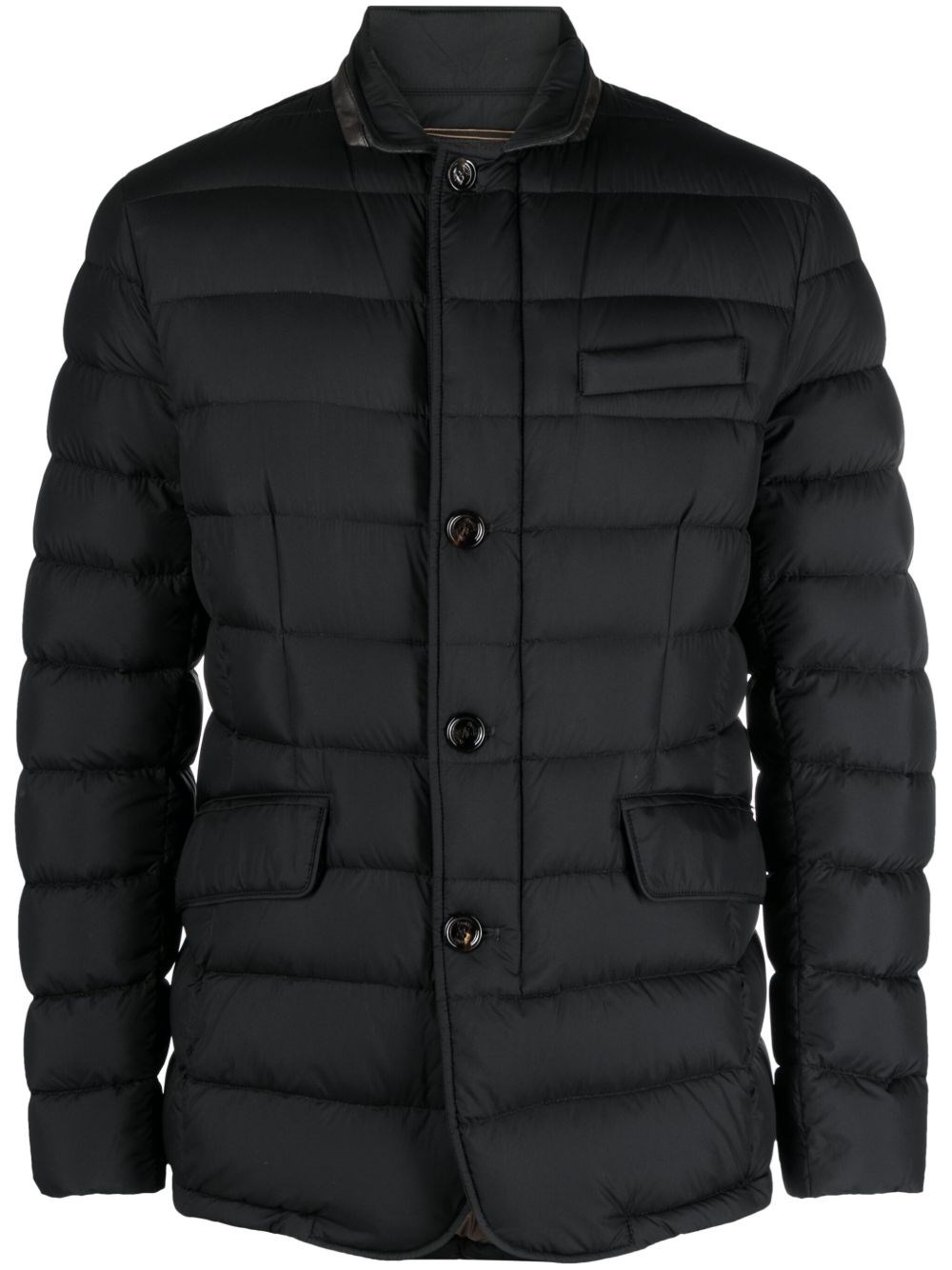 Moorer Quilted Padded Jacket In Black Calf Leather And Wool In Blue