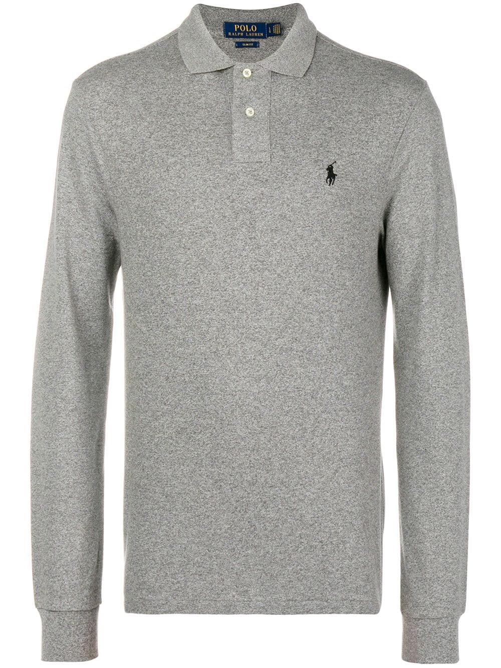 Polo Ralph Lauren Men's Grey Hther Long-sleeved Logo-embroidered Slim-fit Cotton-piqué Polo Shirt In Gray