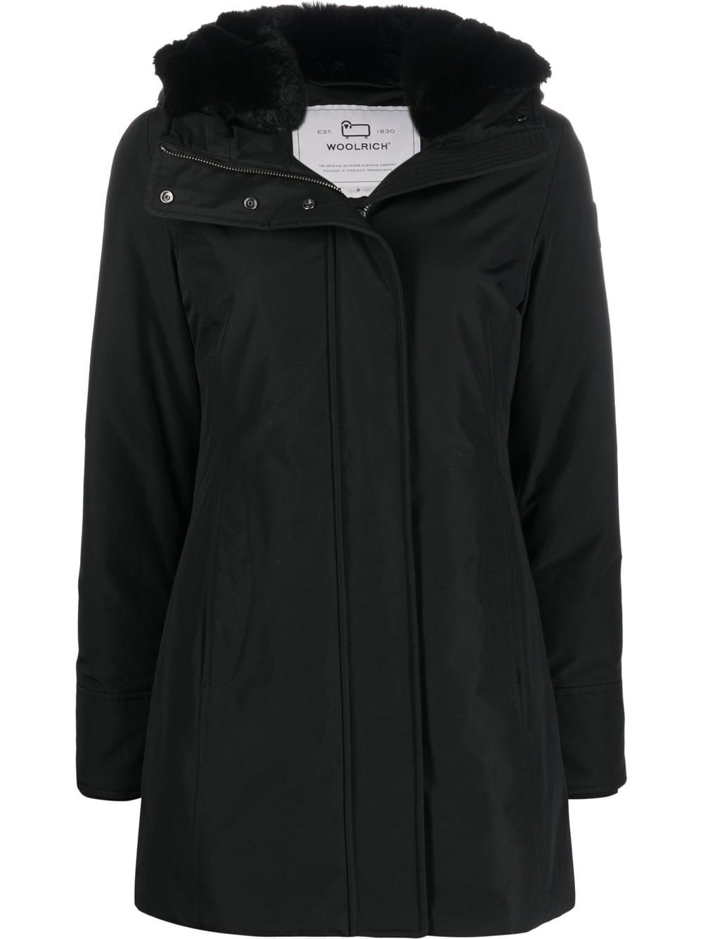 Woolrich Thigh-length Black Coat With Classic Hood And Logo Patch In Black