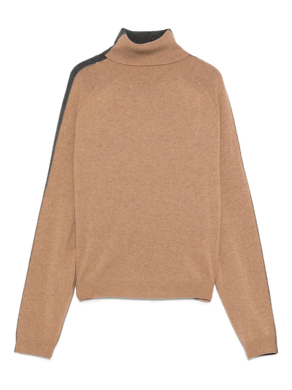 Semicouture Bi-color High Collar Knit Sweater In Wool-cashmere Blend In Brown