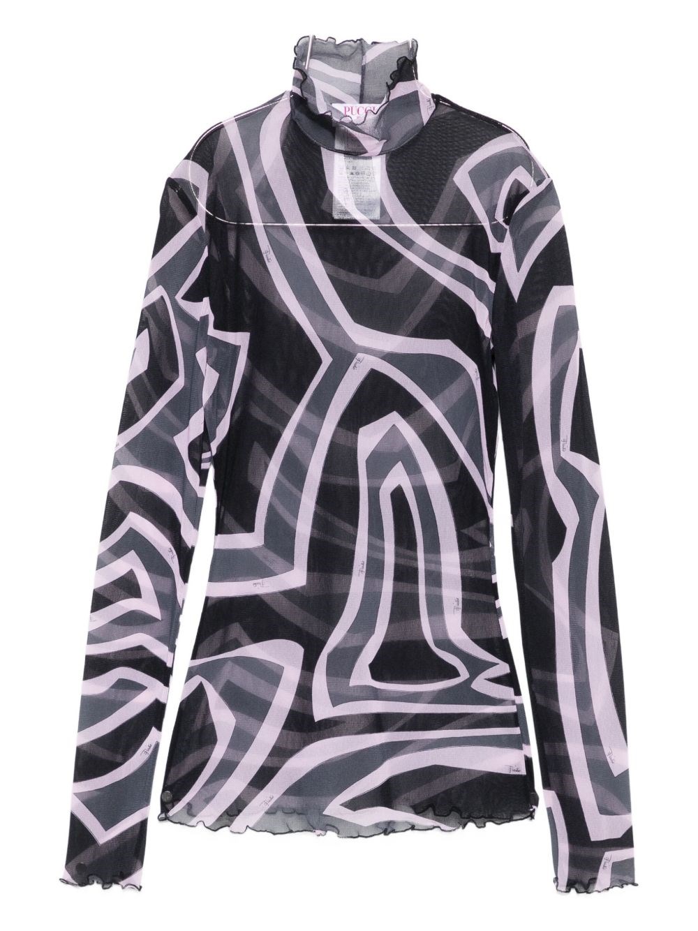 Pucci Semi Sheer Printed Long-sleeved High-neck Top In Black