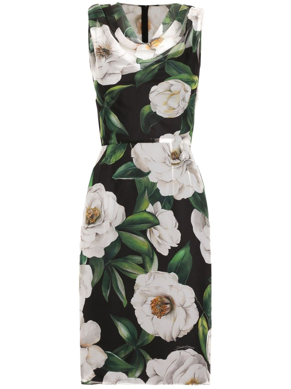 Dolce & Gabbana Gardenia Print Silk Chiffon Sheath Dress In Black