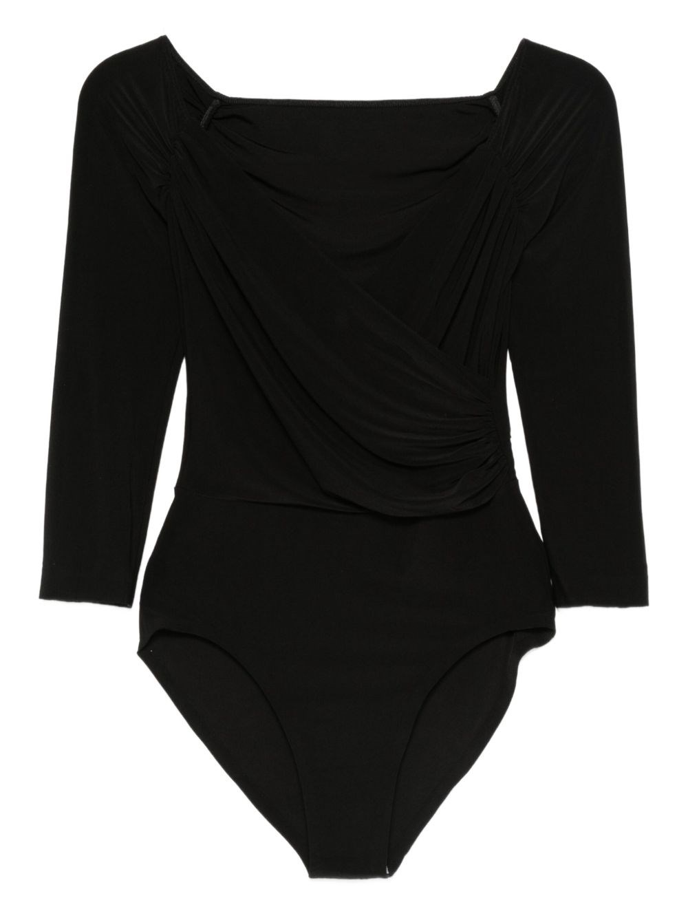 Norma Kamali Draped Black Bodysuit Top With Deep V-neckline In Black