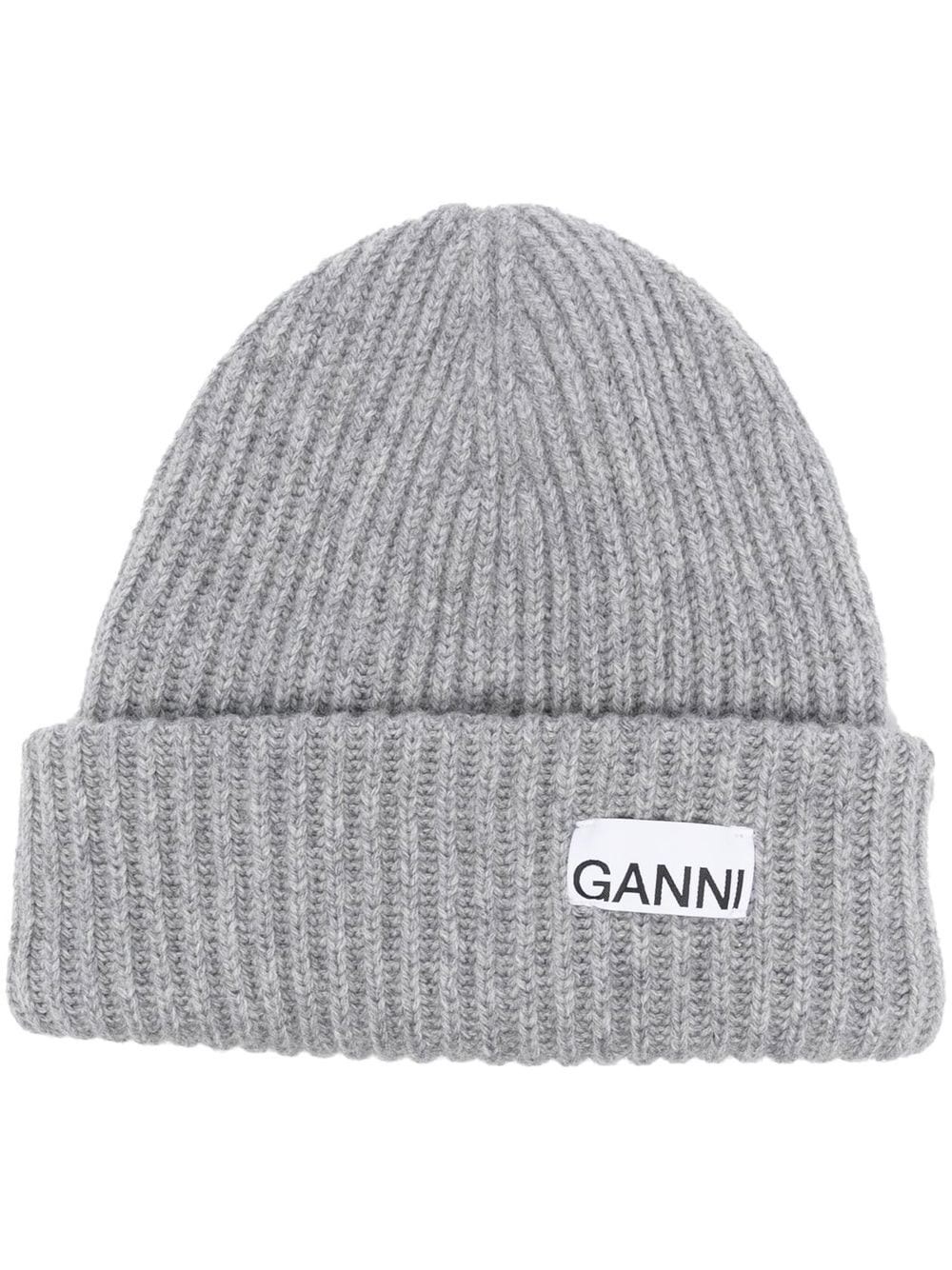 Ganni Melange Grey Logo Beanie In Gray