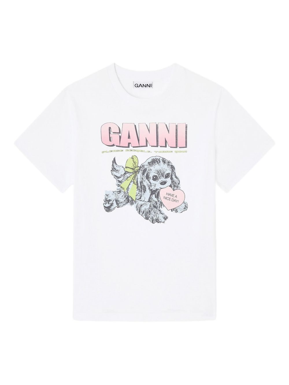 Ganni Graphic Print Crew Neck Short Sleeve Top In White