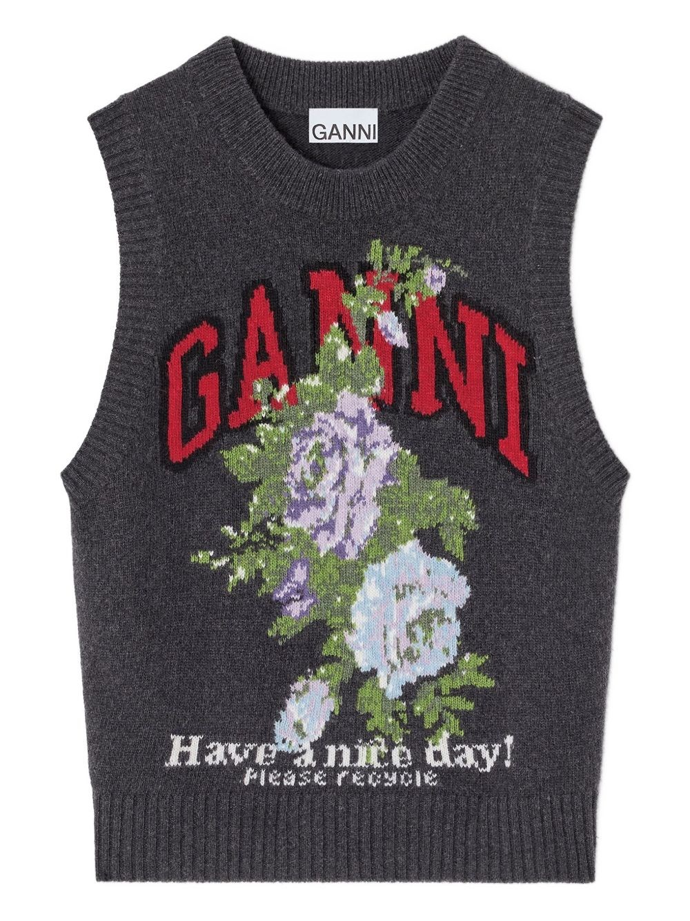 Ganni Floral Embroidered Wool Sleeveless Top In Gray