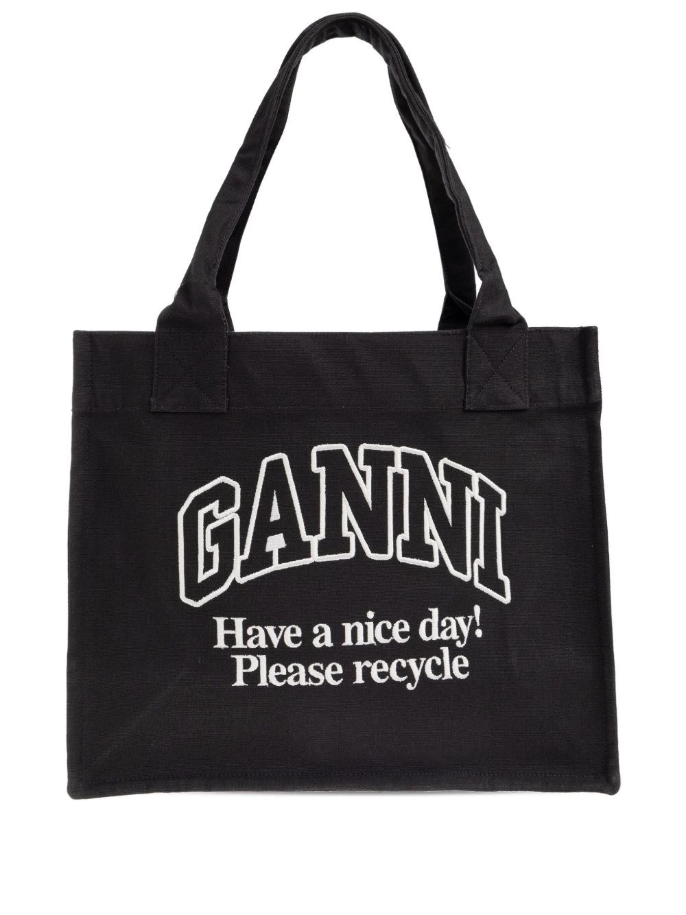 Ganni Black Shopper With Embroidered Logo On The Front In Gray