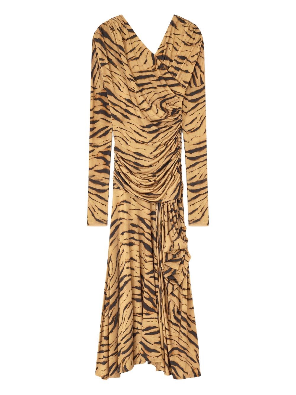 Ganni Asymmetric Draped Tiger-print Maxi Dress In Yellow