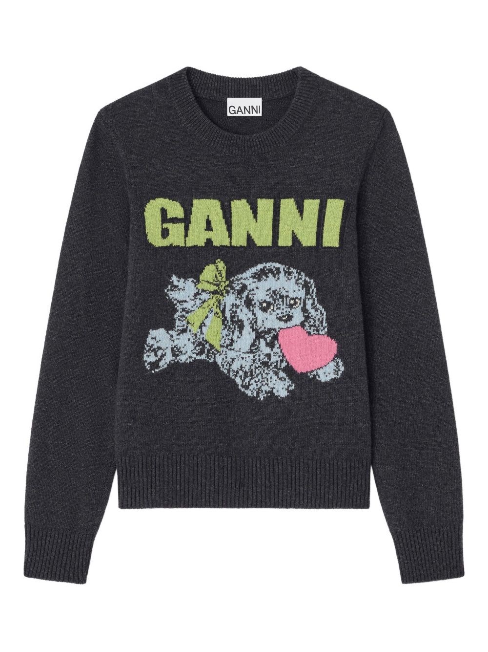 Ganni Playful Puppy Love Graphic Wool Blend Crewneck Sweater In Gray