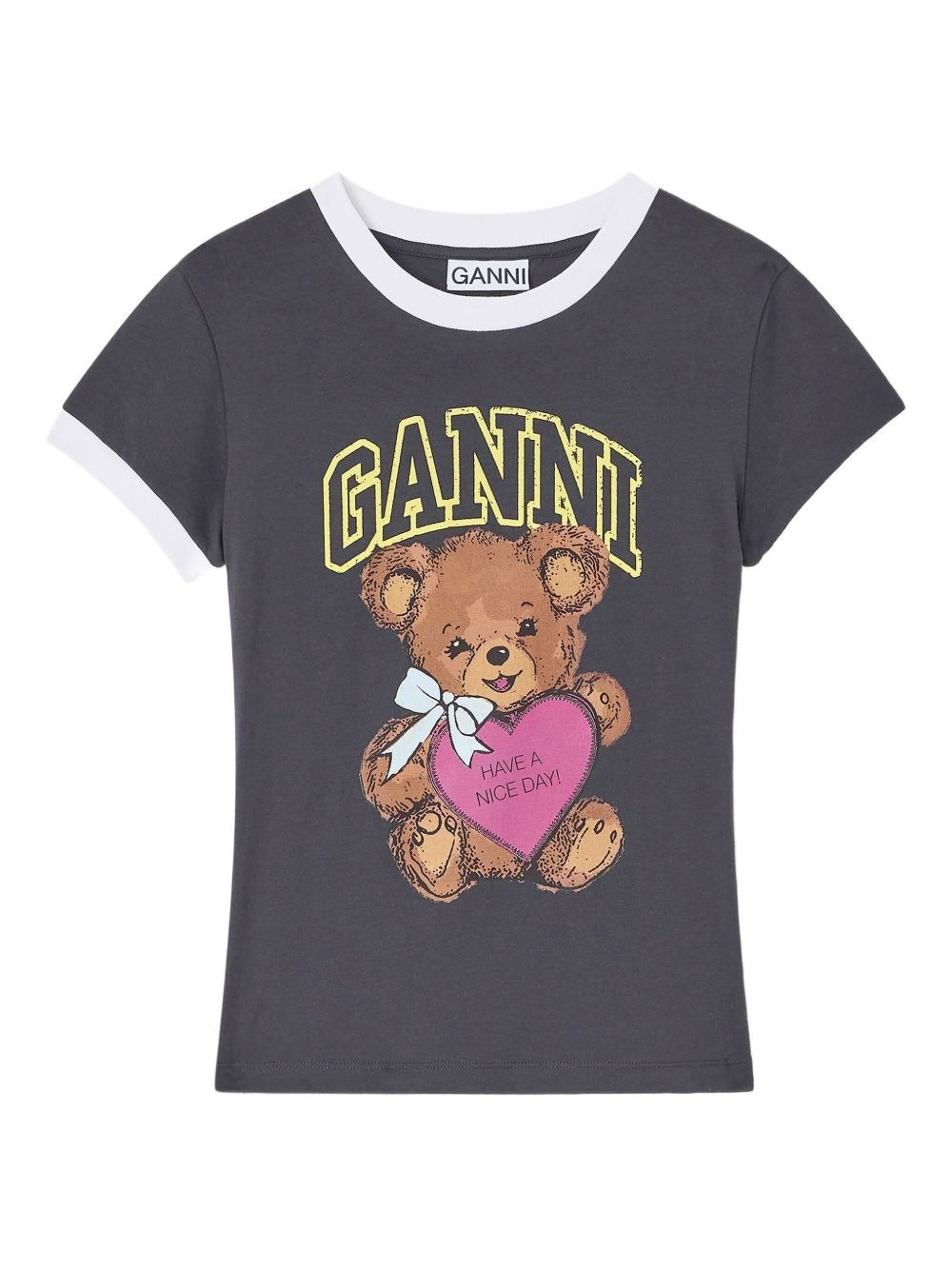 Ganni T-shirt With White Hems And Teddy Bear Print In Gray