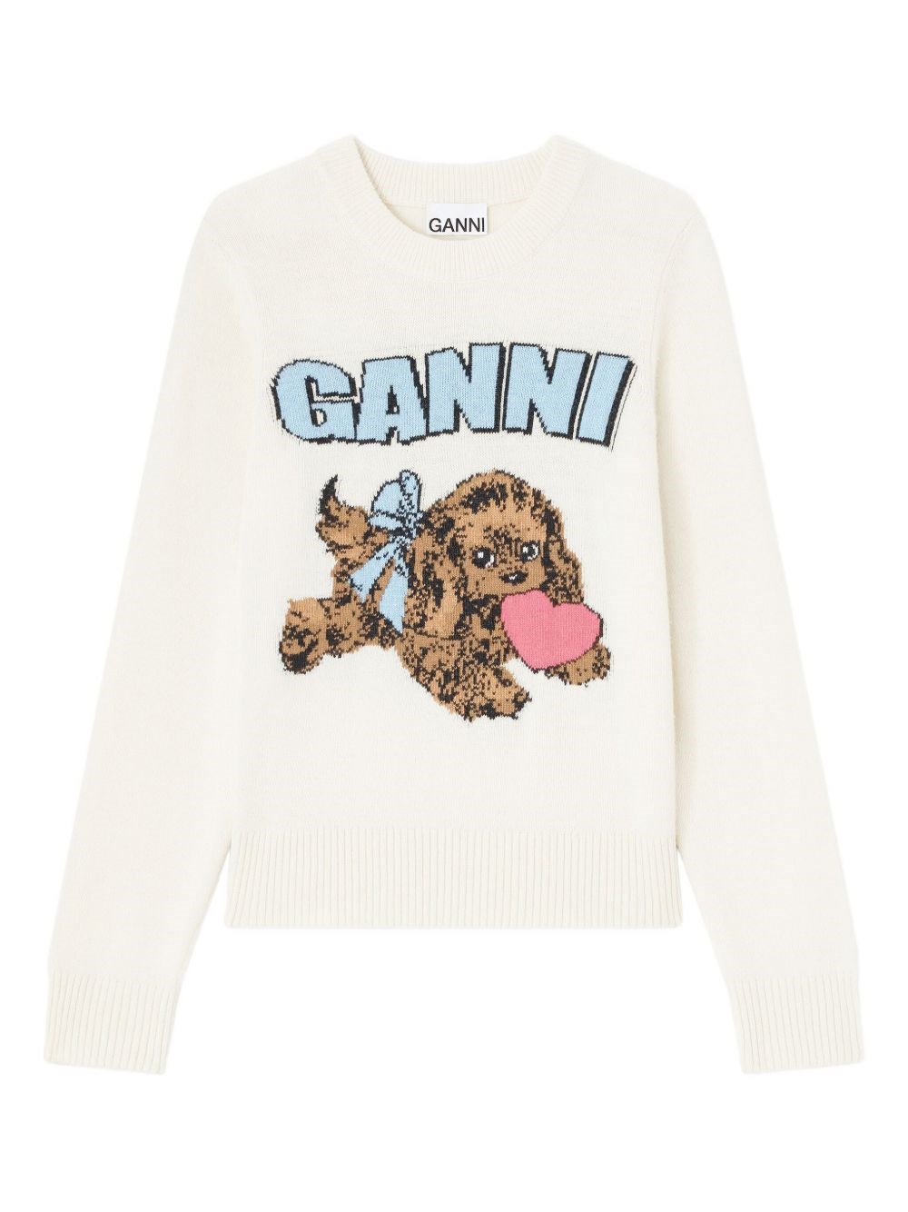 Ganni Crafted Wool Blend Puppy Love Crewneck Sweater In Neutral