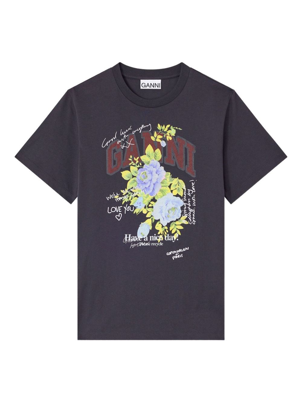 Ganni Organic Cotton Floral Graphic T-shirt In Blue