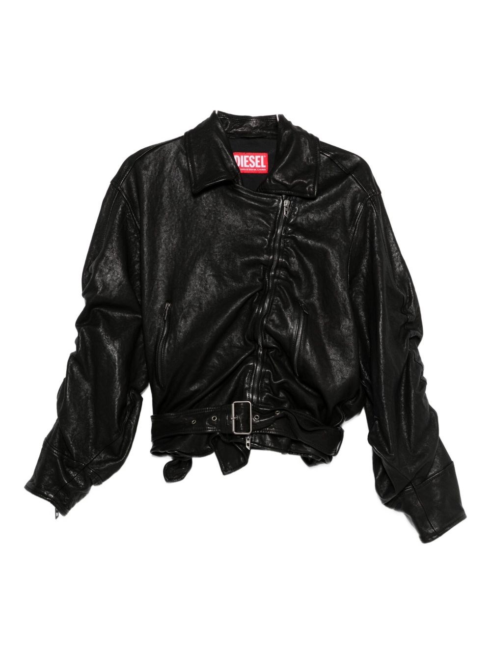 Diesel Asymmetric-zip Belted Leather Jacket In Black
