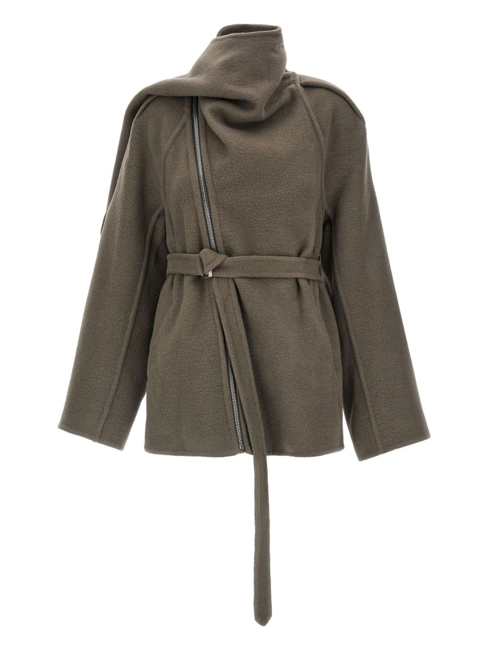 Rick Owens Asymmetric Belted Coat High Neck In Green