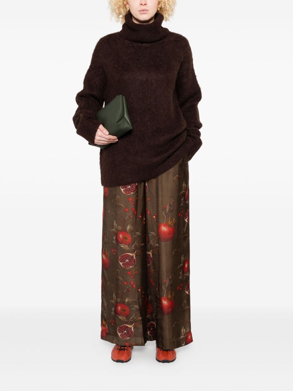 Uma Wang High Waist Pomegranate Print Wide Leg Trousers In Brown