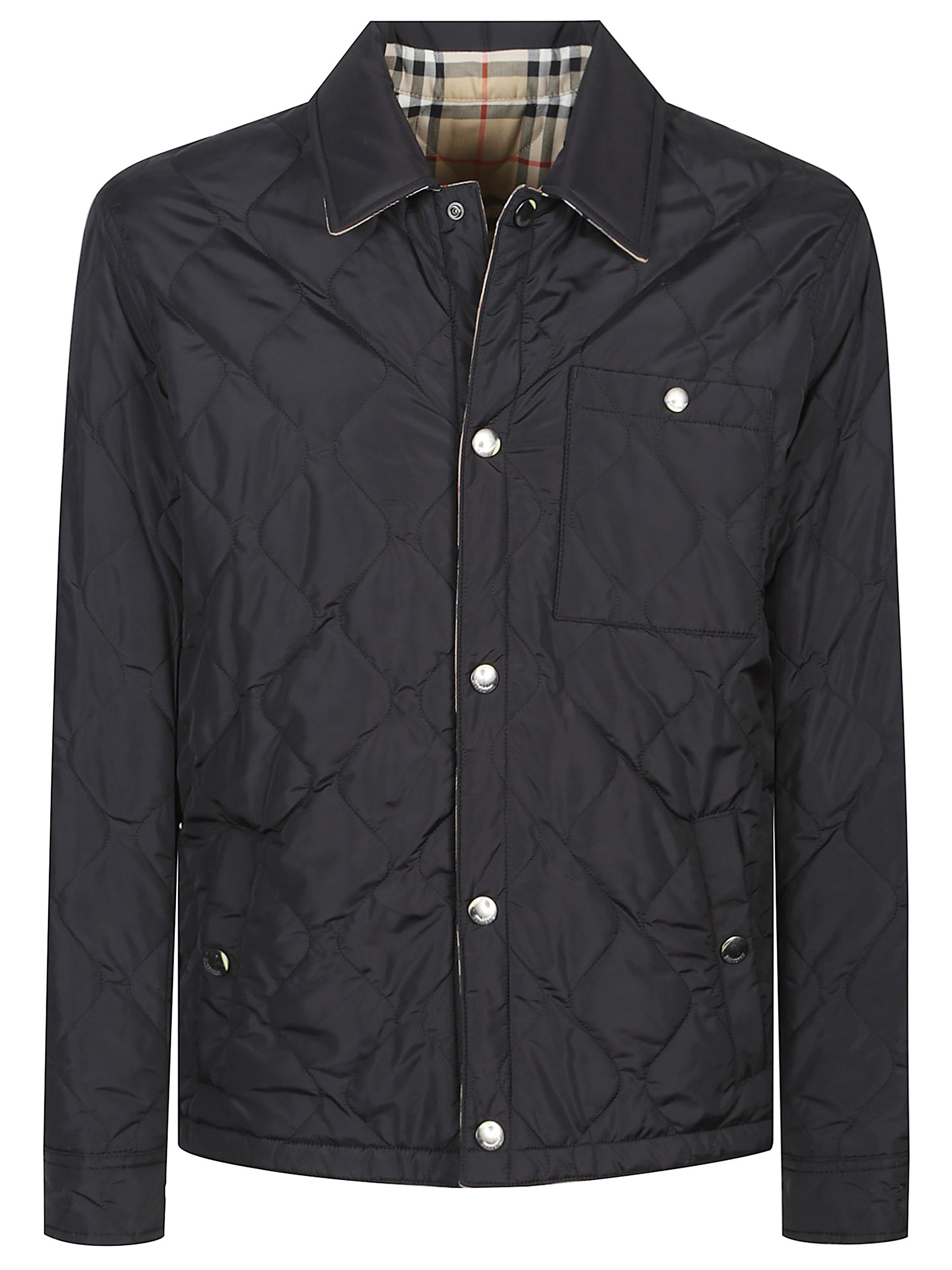 Burberry Quilted Black Coat With Classic Collar And Check Pattern Lining In Black
